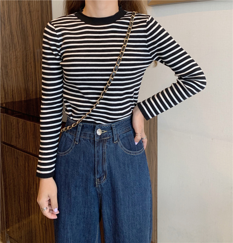 Real price shooting Korean classic color matching striped T-shirt with round neck and 8 colors for women's T-shirt