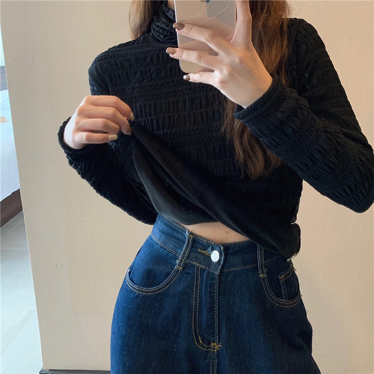 Real price real shot versatile lace bottom with long sleeve hollow out soft foreign style top