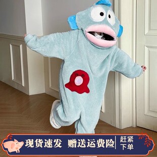 丑鱼连体睡衣女秋冬季抽象搞怪奇葩男珊瑚绒大嘴鱼睡袍套装可外穿