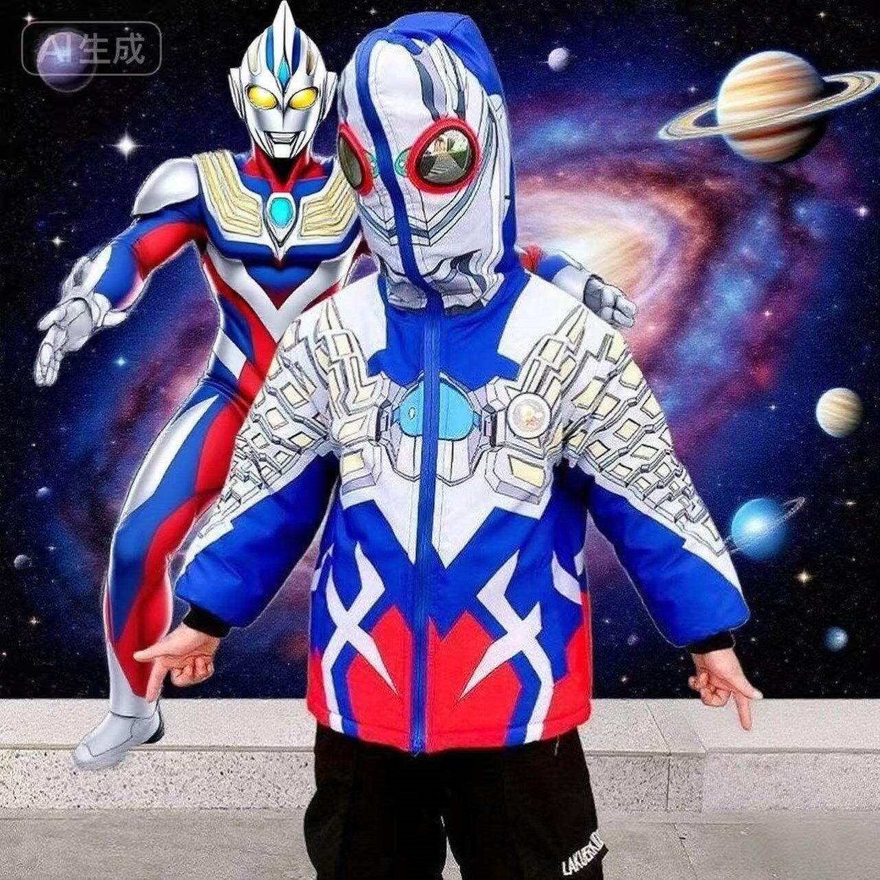儿童男孩帽子带戴眼镜二棉赛罗奥特曼衣服男童秋冬装加绒深秋外套