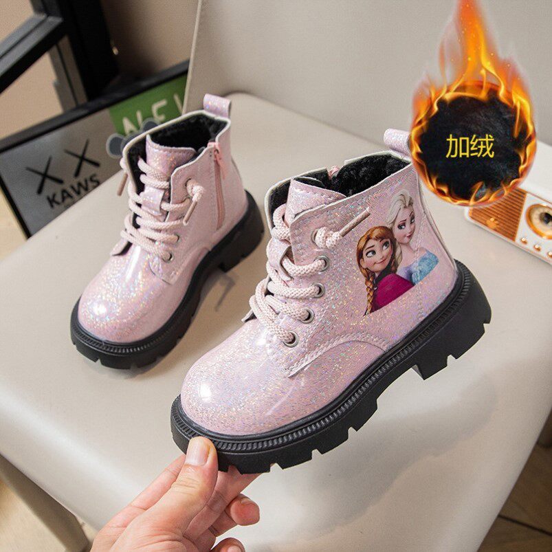 爱莎公主靴子儿童皮靴女童公主风秋冬加绒2026宝宝短靴防滑软底靴