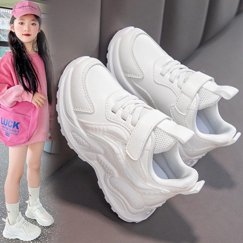 女童白色运动鞋小白鞋皮面软底运动鞋春秋新款中大童老爹鞋轻便潮