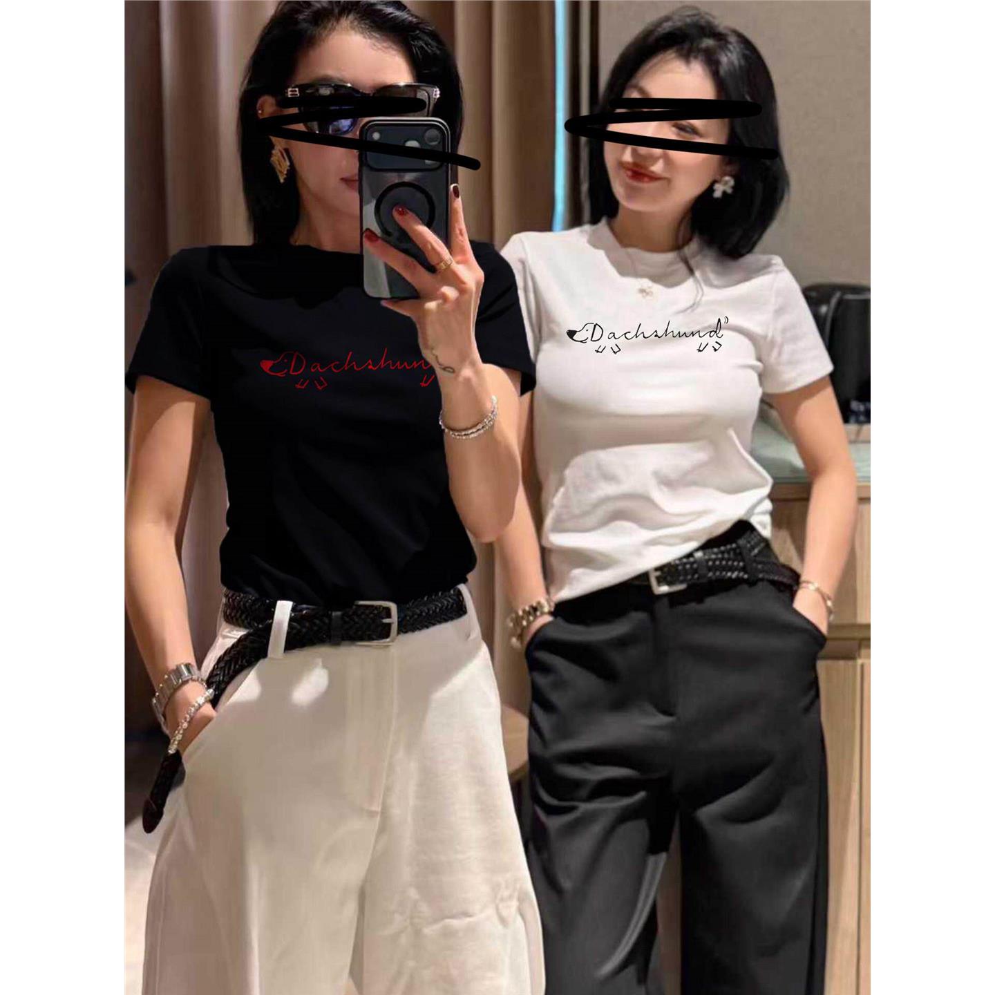 深圳南油欧货夏季腊肠狗字母印花短袖T恤女夏修身显瘦正肩上衣潮