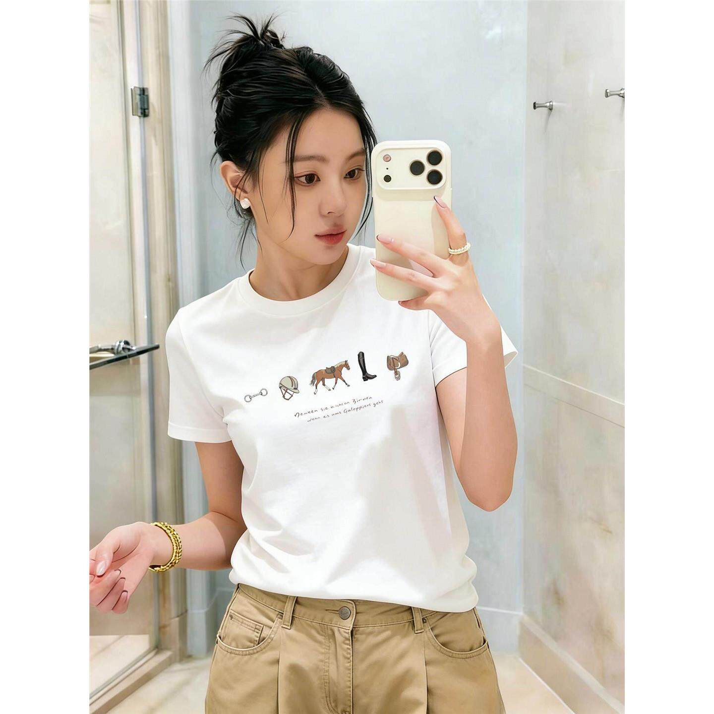 深圳南油2026夏季时尚图案印花修身短袖T恤简约圆领显瘦上衣女潮