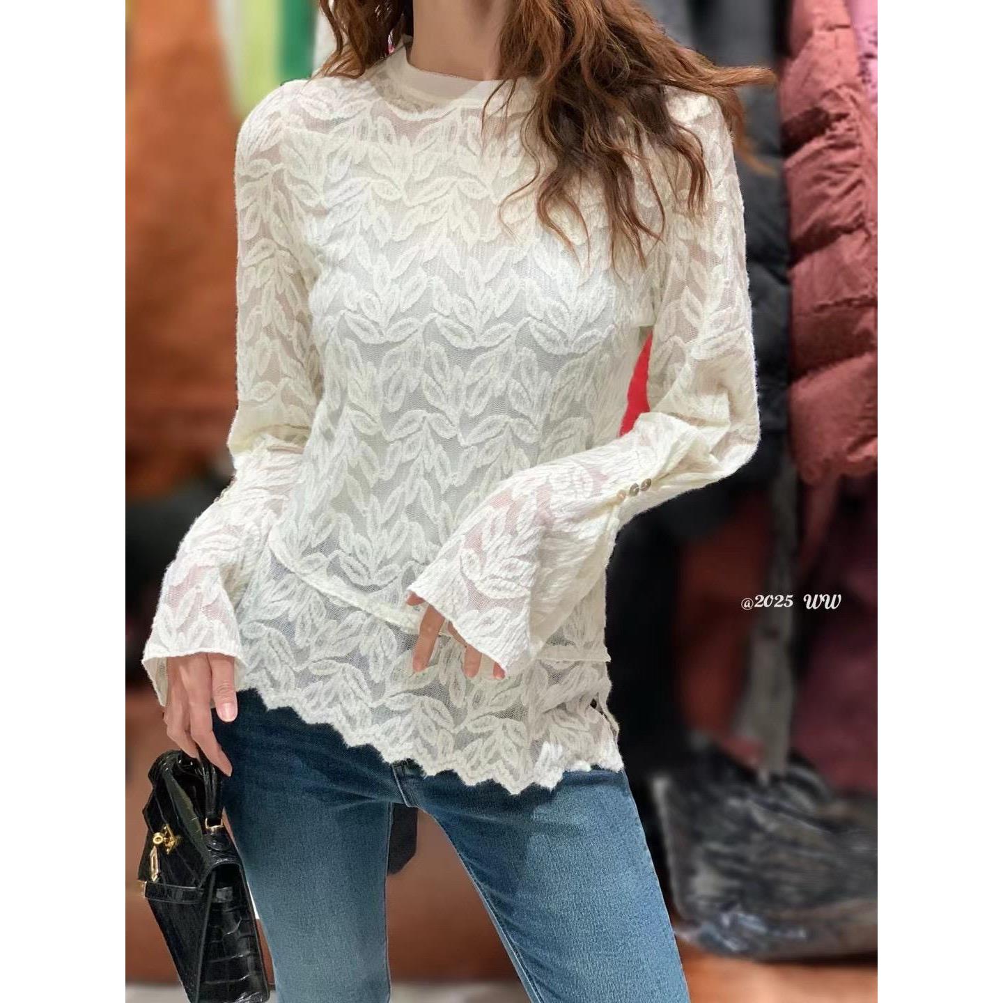 深圳V+.COM南油2025冬装新款立体树叶刺绣长袖打底衫蕾丝衫上衣女