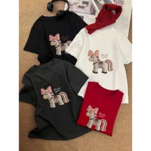 南油小众2026早春甜美氛围感小马印花短袖T恤圆领显瘦磨毛上衣女