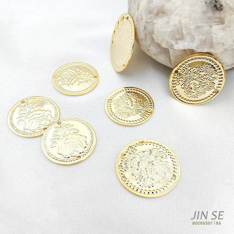 镀18K14K真金保色多孔圆片双面玫瑰花吊坠手工diy项链耳饰品 配件