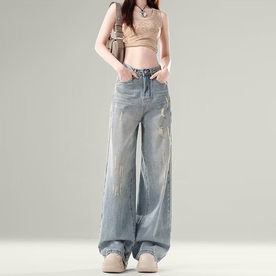 美式复古破洞牛仔裤女
