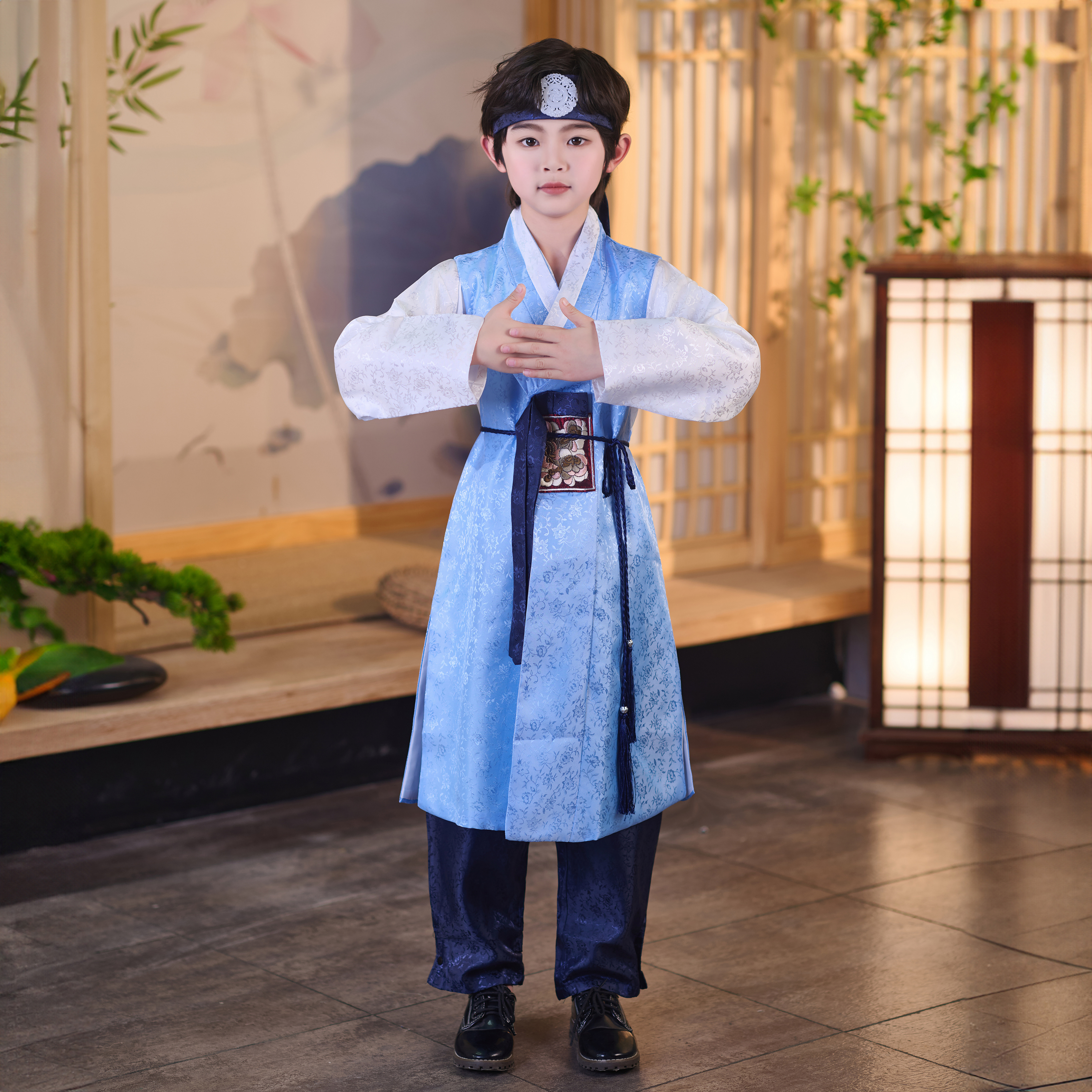 新款朝鲜族传统男士长袍藏青色宫廷韩服婚礼服舞蹈表演服男孩摄影