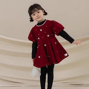 女童红色丝绒连衣裙两件套秋冬新款女宝宝泡泡袖钉珠礼服公主裙子