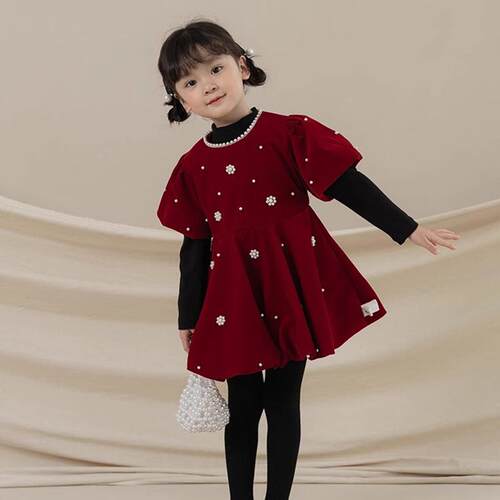 女童红色丝绒连衣裙两件套秋冬新款女宝宝泡泡袖钉珠礼服公主裙子