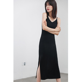 欧美风夏季 莫代尔黑色露背显瘦侧开叉长裙吊带裙打底连衣裙女大码
