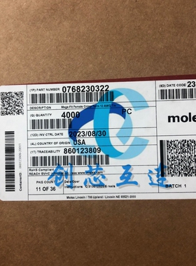 Molex连接器 76823-0322 768230322 线规：12AWG 压接 端子