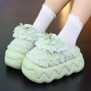 绿色蕾丝保暖毛毛拖鞋厚底毛绒高跟棉拖鞋女冬季外穿增高轻便防滑