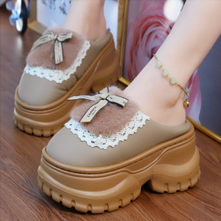 高跟蕾丝厚底保暖棉拖鞋 防滑防水女外穿轻便家居 女增高松糕跟拖鞋