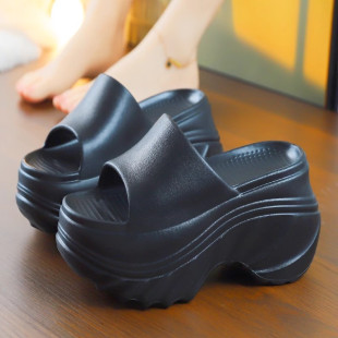 增高松糕跟外穿防滑家居 女夏季 黑色超高跟拖鞋 厚底舒适软底凉拖鞋