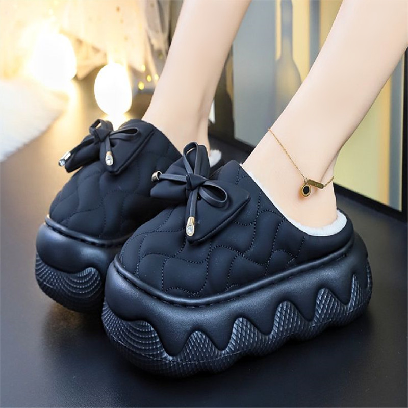 黑色PU皮防水棉拖鞋厚底高跟拖鞋女冬季外穿增高软底轻便防滑家居