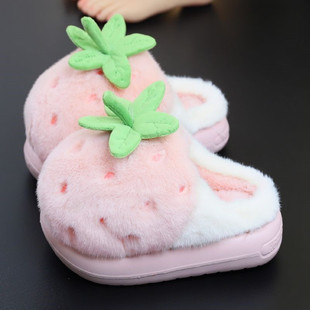 可爱毛绒草莓拖鞋女厚底高跟棉拖鞋外穿增高软底防滑毛毛拖鞋冬季