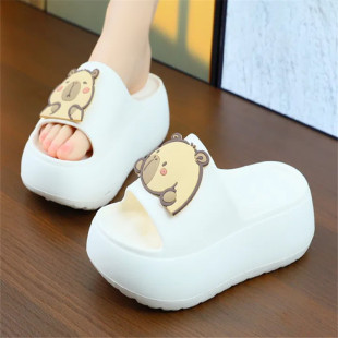 可爱厚底白色拖鞋 外穿增高防滑松糕底凉拖女 女高跟软底舒适凉拖鞋