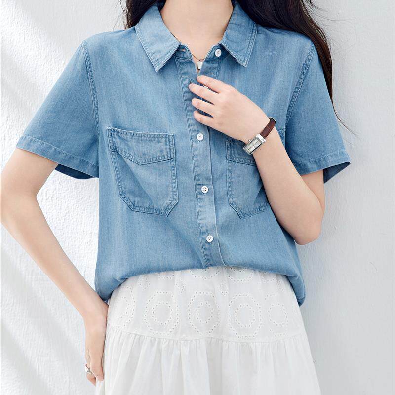 棉茧天丝防晒短袖牛仔衬衫女2025年夏季新款通勤韩版设计感上衣