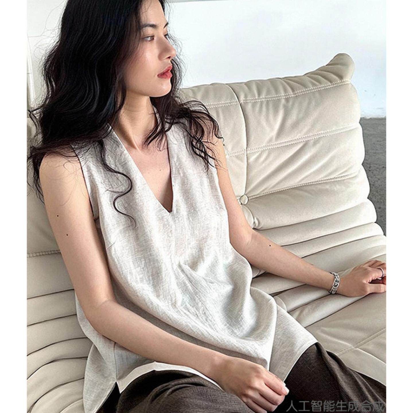 【100%亚麻】高级感大牌V领挂脖背心女夏季度假吊带上衣小衫T恤