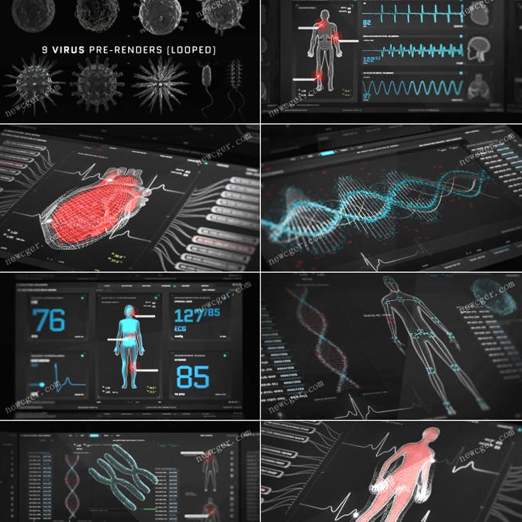 未来医学医疗HUD UI心电图人体心脏大脑屏幕全息界面元素AE模