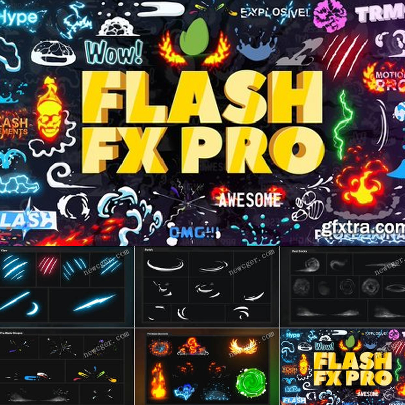 MG动画AE模板flash风动漫卡通游戏火焰烟雾爆炸特效文字Logo转场