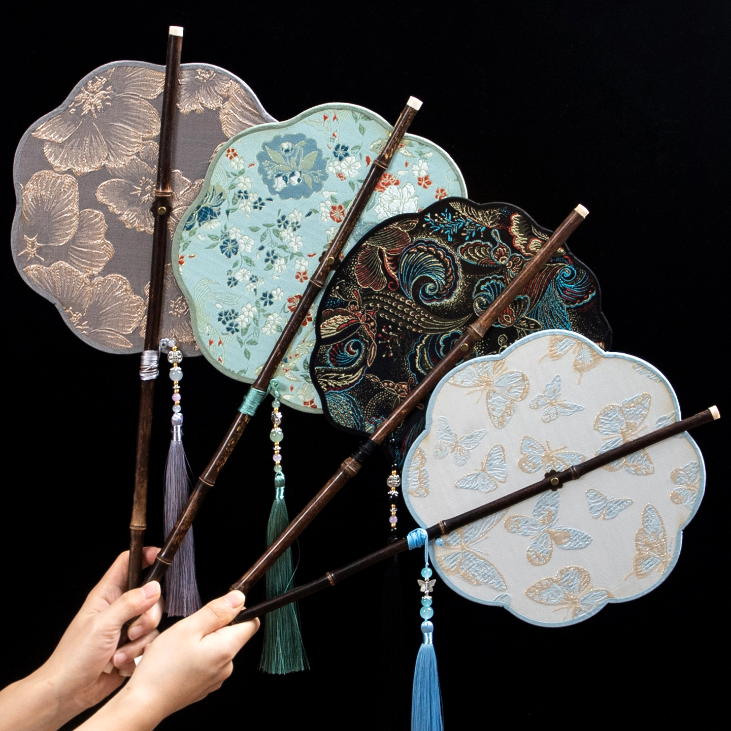 中国风紫竹腰扇复古竹丝绣花团扇手工竹圆扇汉服宫扇古典便携扇子