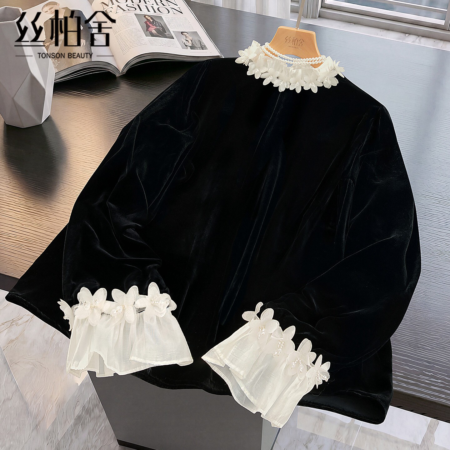 丝柏舍撞色拼接宽松款长袖衬衫