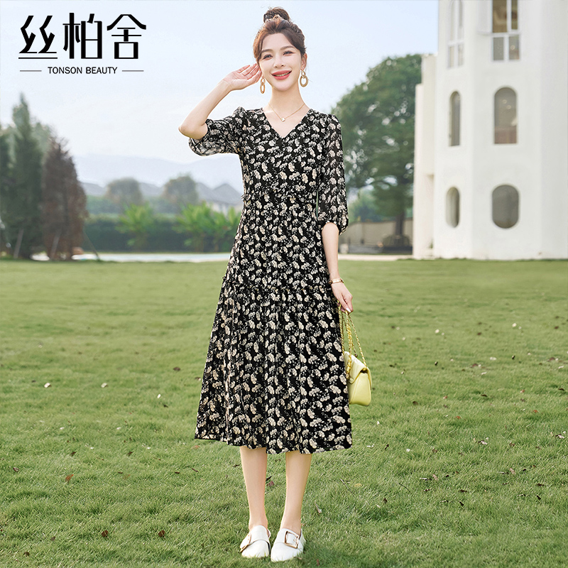 丝柏舍碎花连衣裙2025春装新款女装时尚气质收腰显瘦V领中长裙