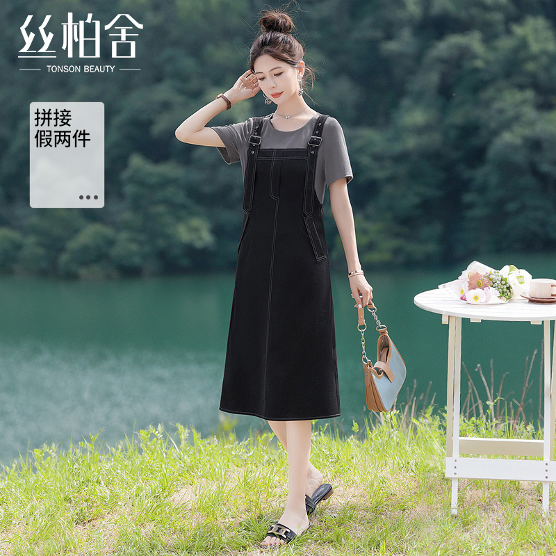 丝柏舍圆领连衣裙2025春装新款女装时尚假两件拼接减龄显瘦中长裙