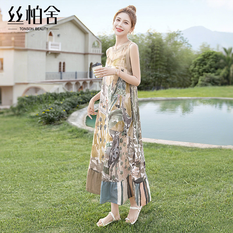 丝柏舍蕾丝拼接背心A字连衣裙图片