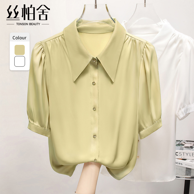 丝柏舍尖翻领衬衫2025夏装新款女装时尚短袖宽松款显瘦单排扣衬衣