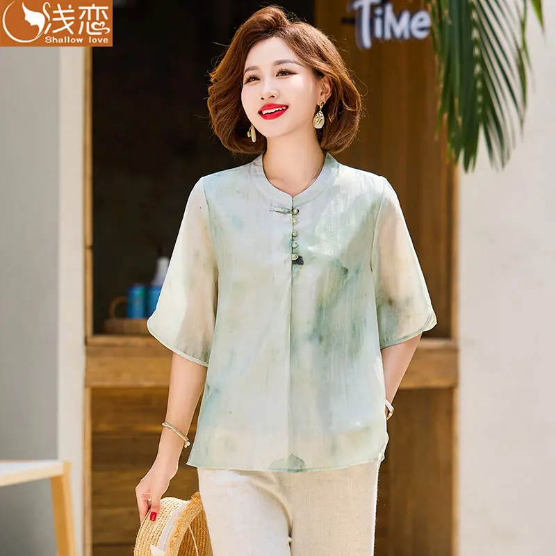 浅恋女装服饰店夏季新款新中式妈妈装减龄五分袖上衣轻薄透气套装