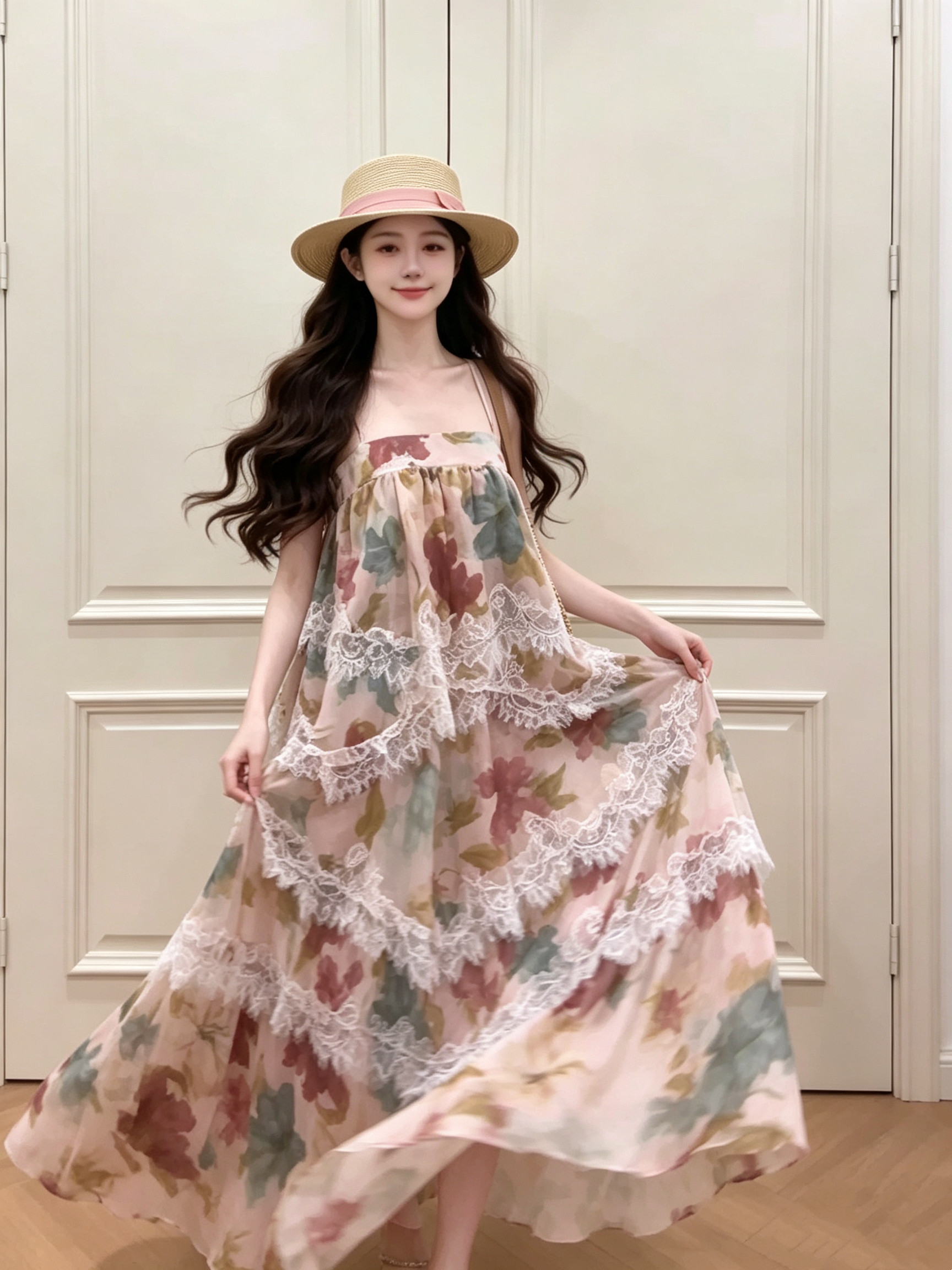 ICELOLLY艺术生明媚穿搭碎花蕾丝吊带连衣裙女初夏绝美蛋糕长裙子图片