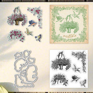 花篮花框透明硅胶印章压花刀模手账日记卡片装饰素材打底装饰图案