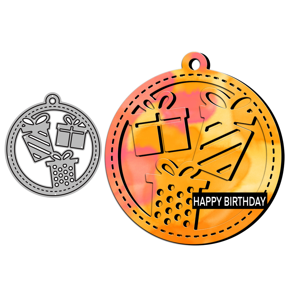 圆形礼物盒生日快乐diy金属压花切割刀模碳钢剪纸模板cutting die