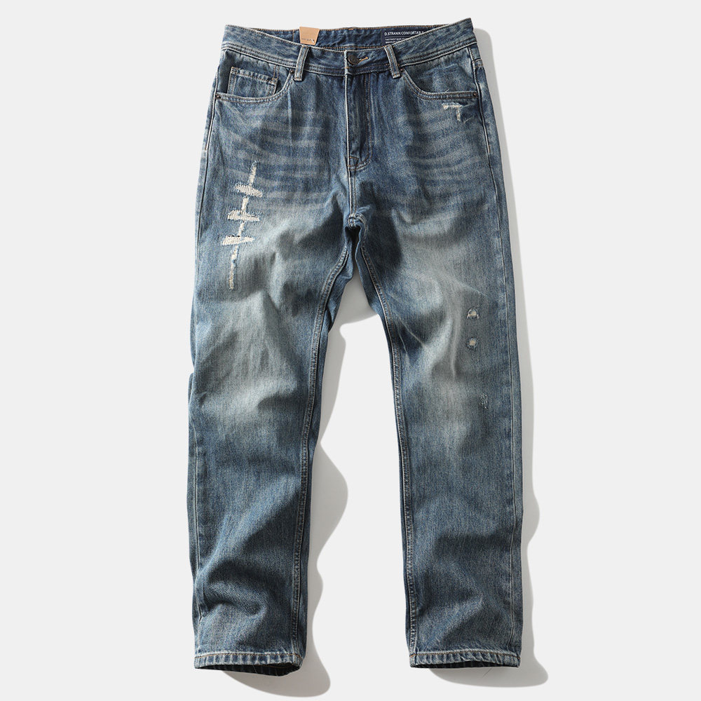 重磅日系复古破洞磨破牛仔长裤