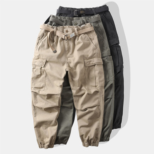 多口袋休闲长裤 日系厚实重磅纯棉宽松阔腿束脚裤 男老爹裤 裤 子 工装