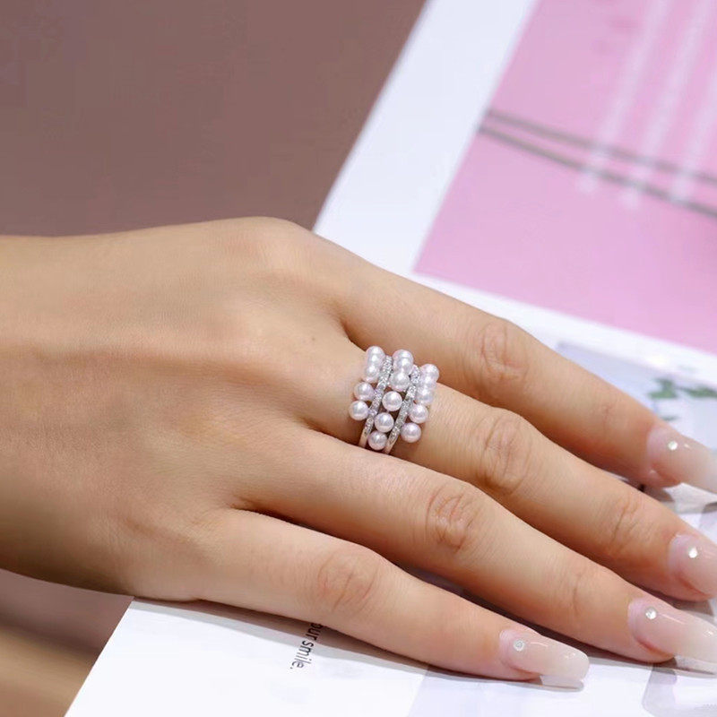 小akoya海水珍珠戒指迷你baby珠18K黄白金镶嵌钻石高级奢华大气