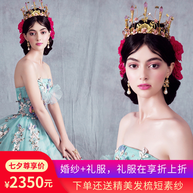 麟锦蓝梦蓝色裙气质宴会晚礼服女长款鱼尾拖地花瓣婚纱礼服短款