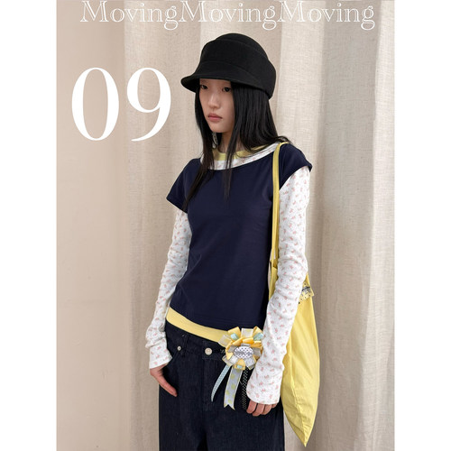 MovingMovingMoving 假三件撞色碎花打底T恤
