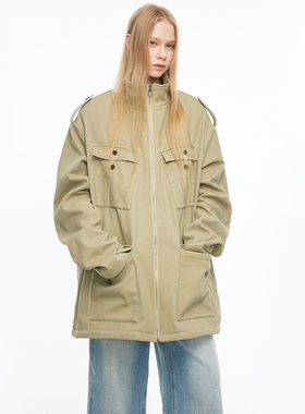 MovingMovingMoving 多口袋工装毛绒内里加厚外套女冬季中长外套