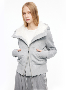 MovingMovingMoving 白色毛绒内里灰色卫衣冬棉服女秋冬