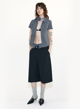 MovingMovingMoving 撞色条纹松弛感双腰中裤西裤