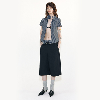 MovingMovingMoving 撞色条纹松弛感双腰中裤西裤