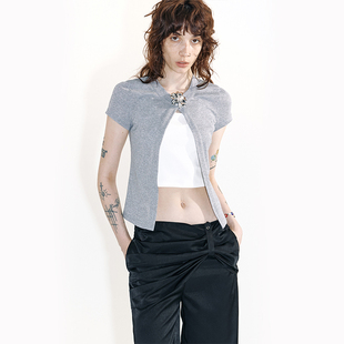 MovingMovingMoving 灰色珠光开衫冰感防晒衫含胸针