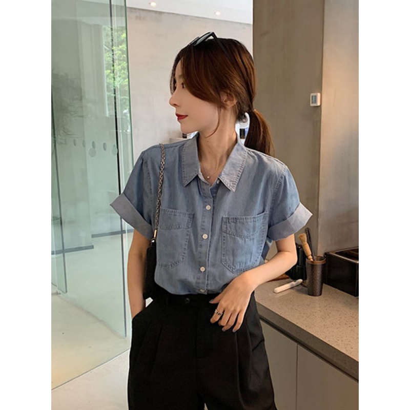 夏季2021新款韩版复古港味蓝色牛仔衬衫女外穿中长款百搭短袖衬衣|msdalam kategori Butik wanita / wanita, shirt - dari Buy2taobao.com untuk memberikan perkhidmatan ejen Taobao profesional membeli