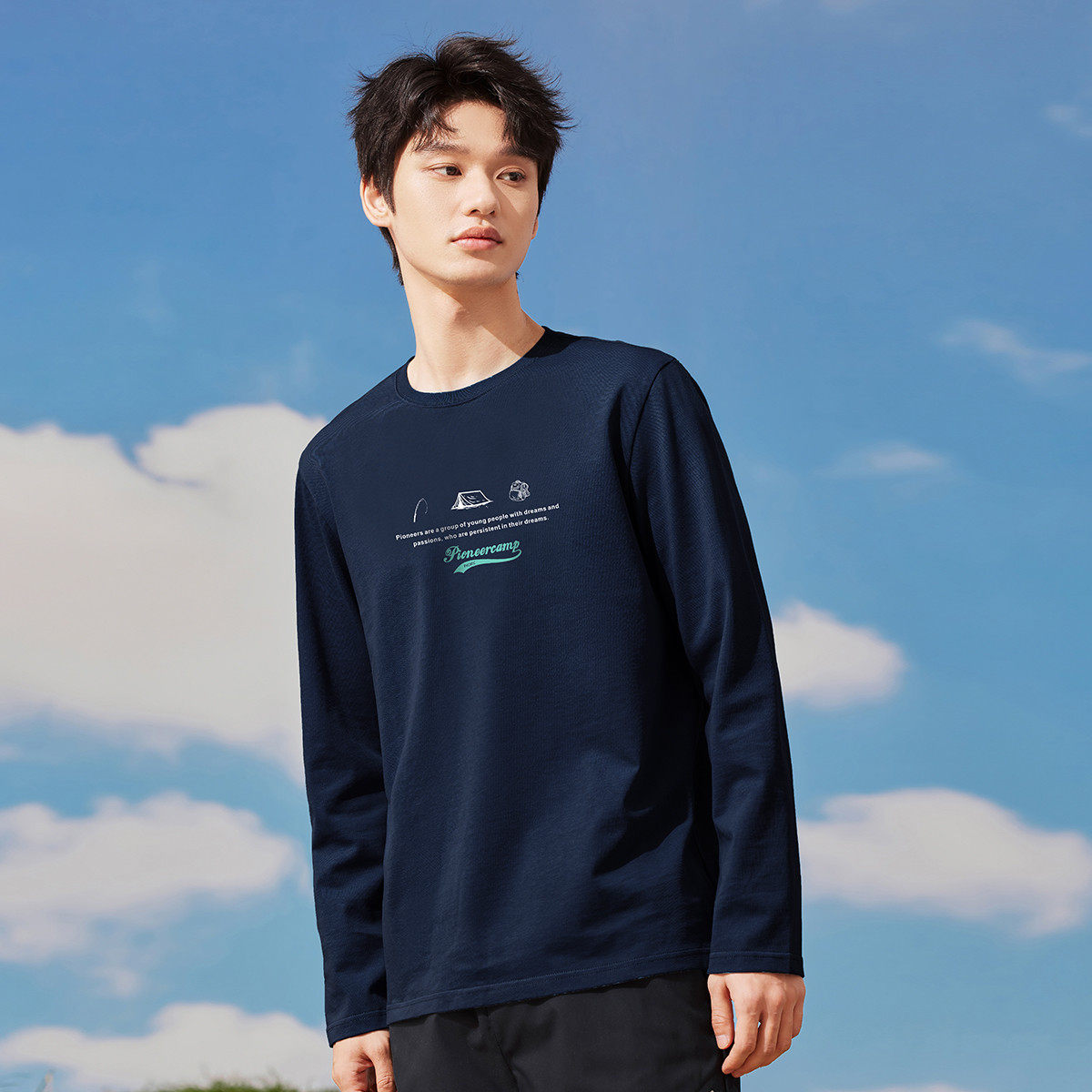 拓路者字母印花纯棉长袖T恤衫圆领运动个性潮流男上衣套头打底衫