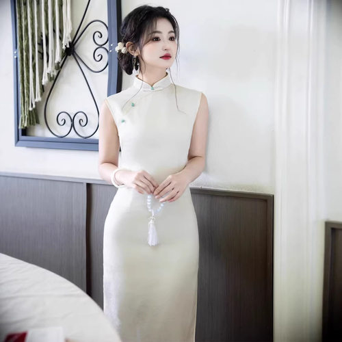 2026春夏新款旗袍双层无袖长款米白色旗袍新中式国风修身显瘦旗袍